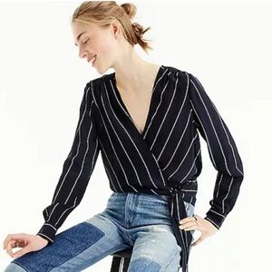 J Crew Silk Stripe Faux Wrap Long Sleeve Blouse Size Medium